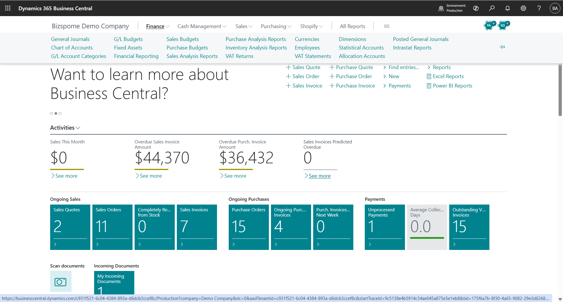 Dynamics 365 Business Central Finance Overview role center — receivables, overdue documents and approvals workspace (English interface)