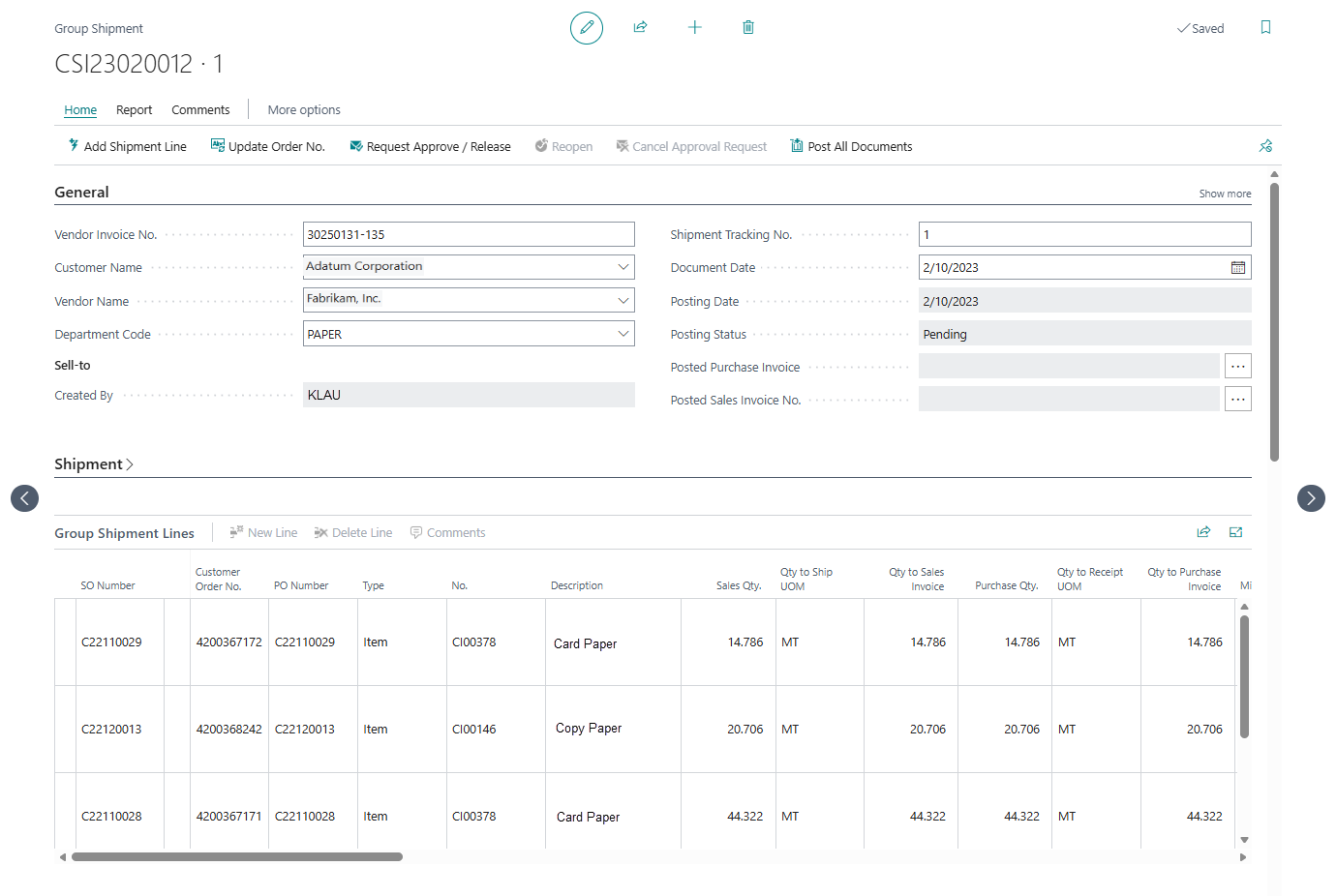 Group Shipment document with multiple sales order lines